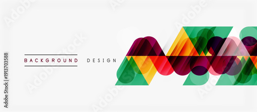 Abstract geometric shapes create vibrant background. Modern design utilizes overlapping layers, colors, textures. Clean aesthetic, simple composition.