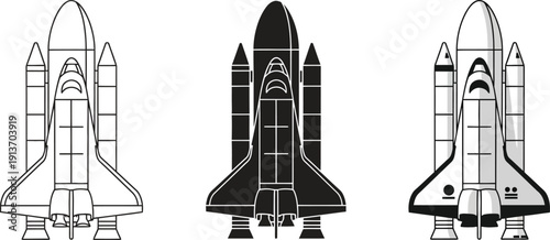 Collection of space shuttle icons representing different styles from outline to silhouette and detailed vector art perfect for aerospace themes