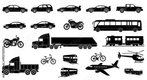 Collection of various transportation vehicles silhouettes isolated on white background.