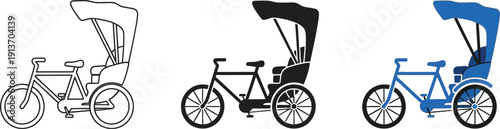 Collection of rickshaw icons in outline black and blue vector styles representing traditional transport for travel and tourism concepts
