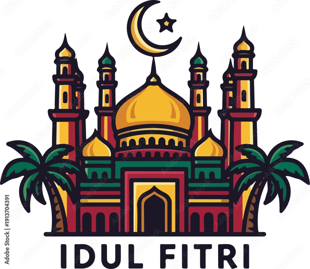 Fototapeta premium Colorful Mosque Illustration with Palm Trees and Golden Crescent Moon for Eid al-Fitr Celebration