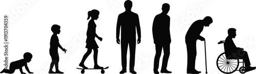 Human life cycle silhouettes from baby crawling to old age wheelchair isolated on white background vector illustration