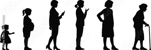 Female life stages silhouettes showing girl, pregnant woman, adult woman and elderly woman isolated on white background vector illustration