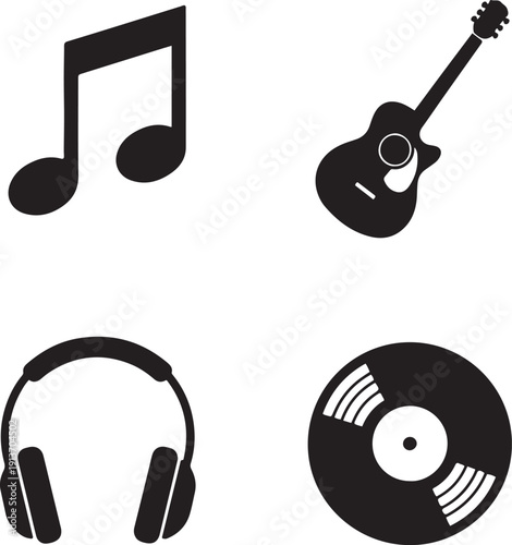 Black silhouette of musical notes guitar headphones and vinyl record on white background sound audio