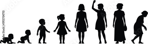 Female life stages silhouettes illustration, girl growing up from baby to elderly woman progression isolated white background vector design