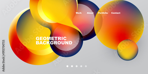 Abstract colorful shapes overlap. Gradient hues create dynamic visual effect. Text labels present portfolio sections. Simple design.