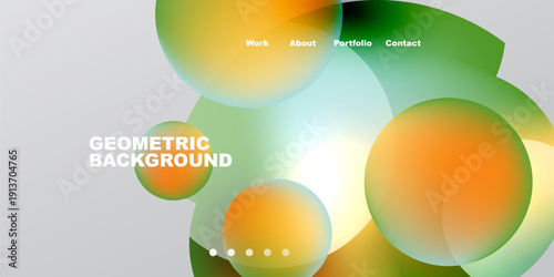 Abstract design features overlapping colorful circles. Gradient hues blend orange, green, yellow. Minimalist text labels sections work, about, portfolio, contact.