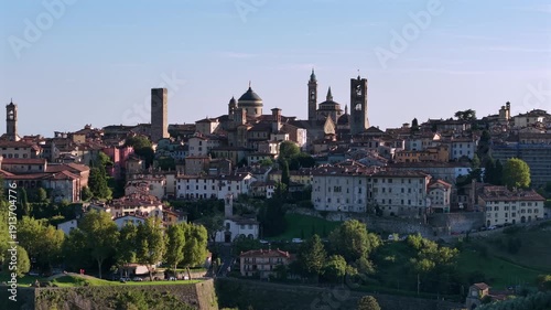 Bergamo Città Alta, Italy. Drone video with panoramic view of historic sites, Italian architecture, and European cityscape. 4K