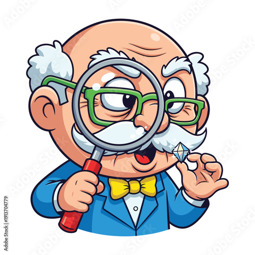 Funny detective cartoon character with magnifying glass vector illustration