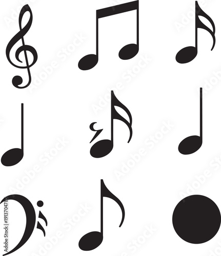 Collection of black musical notes and symbols on white background treble clef bass clef eighth note