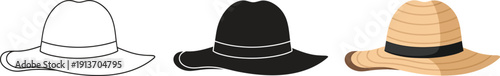 Collection of three hats including a sketch a black silhouette and a straw hat isolated on white background for fashion design