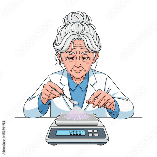 Elderly scientist weighing gold bars precise measurement vector illustration