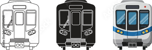 Set of three train front views including outline silhouette and colored vector illustration for transportation concepts