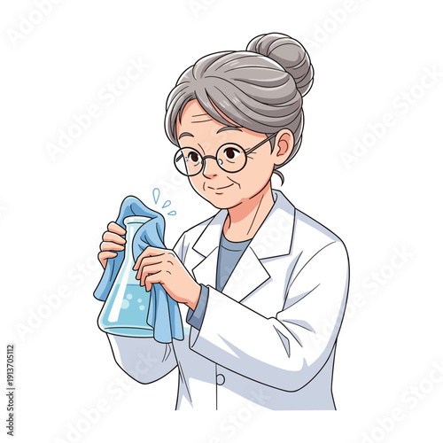 Scientist holding a beaker with liquid, lab coat, flat design vector illustration