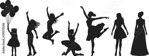 Happy girls dancing silhouettes set illustration, jumping playful female poses freedom joy celebration isolated white background flat vector design
