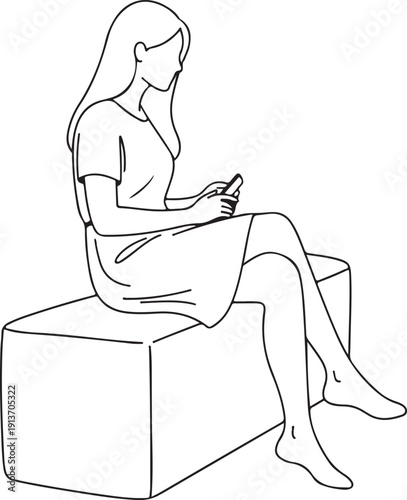 Line of a woman sitting on a bench looking at her phone mobile phone