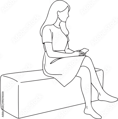 Line of a woman sitting on a bench holding a smartphone