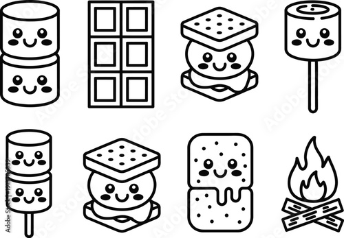 Cute cartoon marshmallows and chocolate bars around a campfire black