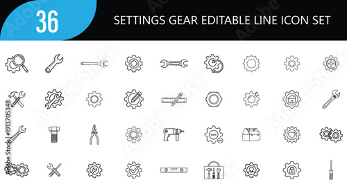 Editable 36 line icon set for settings and gear concepts