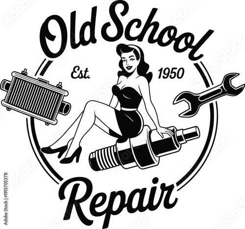 Vintage pin-up girl with tools and car parts in a circular for Old School Repair