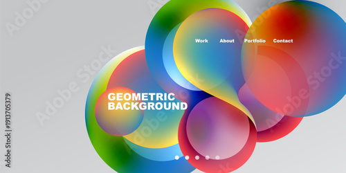 Abstract colorful circles overlap, creating dynamic visual effect. Text labels present work, about, portfolio, contact options. Geometric background dominates composition.