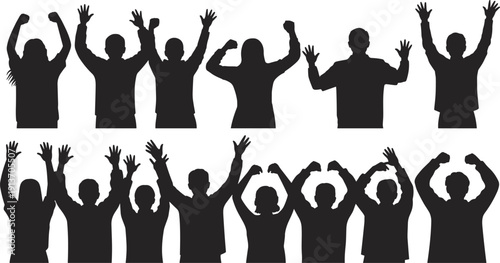 People cheering silhouettes set illustration, crowd raising hands celebration success unity teamwork concept isolated white background flat vector design