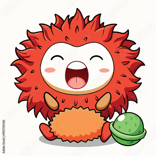 A cartoon rambutan yawning happily sitting