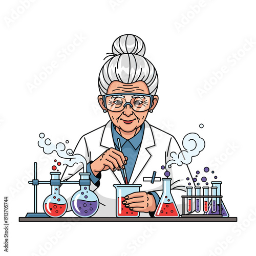 Senior female scientist conducting chemistry experiment in lab vector illustration