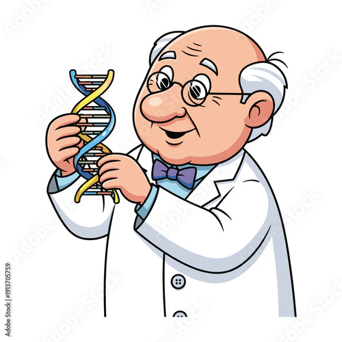 Happy scientist holding DNA helix model vector illustration flat design