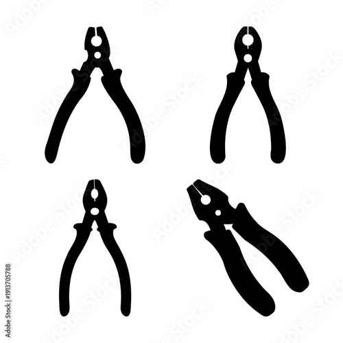 Four distinct black silhouettes of common plier tools on a clean white background