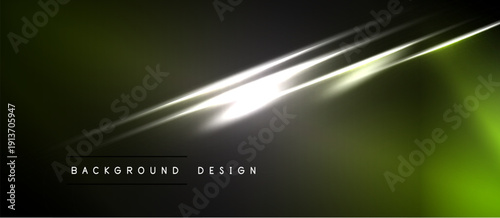 Abstract background features dynamic light streaks, gradients. Dark tones blend with vibrant green, creating modern visual effect.