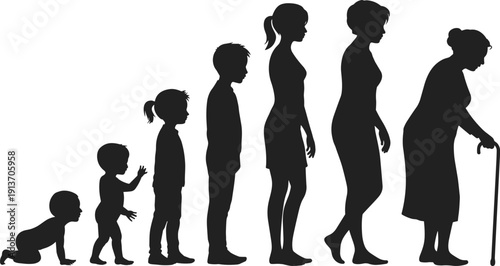 Human life cycle silhouette from crawling baby to elderly woman with walking stick isolated on white background