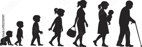 Human life cycle silhouette showing growth from crawling baby to old age woman with child isolated on white background
