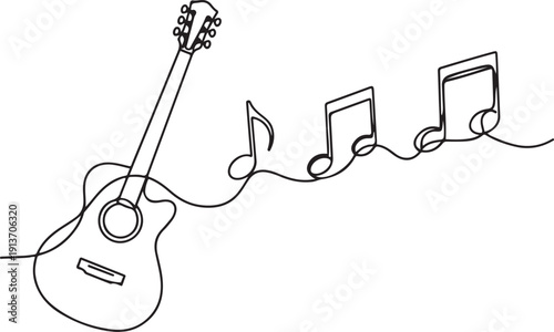 Single line of an acoustic guitar with musical notes flowing from it single line continuous line 1