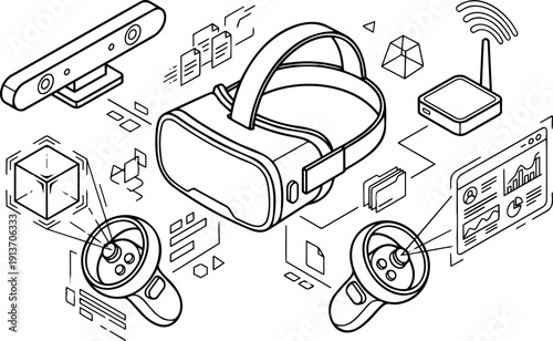 Vector Line Art of VR Headset System: Virtual Reality Goggles with Controllers, Motion Sensor, Wi-Fi Router, and Digital Interface