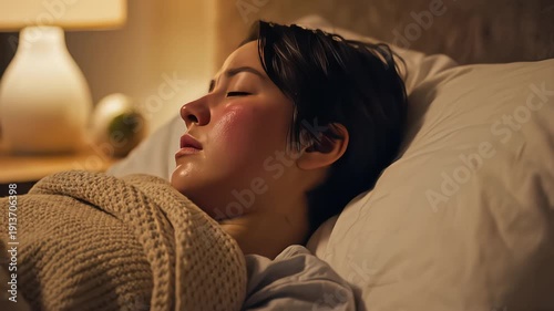 Close up of sick young woman sleeping in bed with fever and sweating face experiencing nightmare or illness symptoms at night
