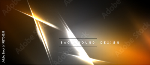 Abstract background features dynamic light streaks. Golden, silver gradients create modern visual effect. Dark edges frame bright center.