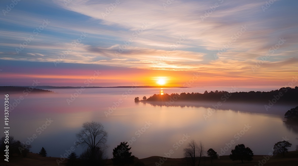Fototapeta premium Majestic dawn over a pristine alpine lake, glowing peaks mirrored perfectly in still water, contrast of crisp cool tones and gentle sunrise warmth, sweeping panoramic vista, atmospheric