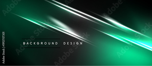 Dark background features bright green, silver lines. Modern abstract design creates dynamic visual effect. Simple text labels bottom center.