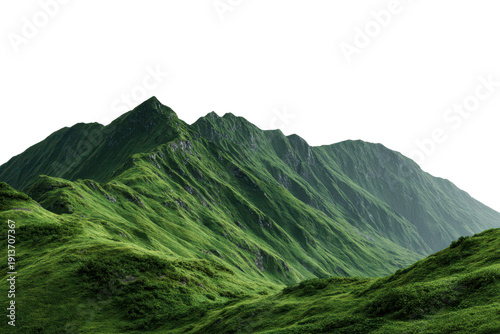 Lush green grassy mountain range with jagged peaks and valleys image, Isolated On White Background, Png Transparent