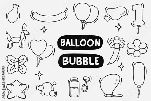 set of balloon and bubble doodle good for background, wallpaper, element design, icon, etc