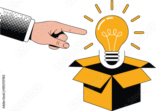 A stylized illustration of a hand pointing towards a glowing light bulb emerging from an open box.A stylized illustration of a hand pointing towards a glowing light bulb emerging from an open box.