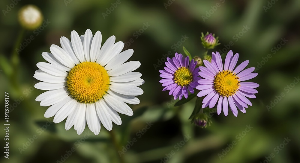 Obraz premium Daisy and wild wildflower arranged in natural daylight, simple botanical stock photography with fresh, airy atmosphere ideal for spring, nature, and eco lifestyle themes.