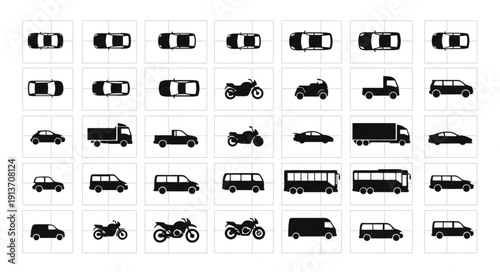 Collection of various vehicle silhouettes from top and side views.