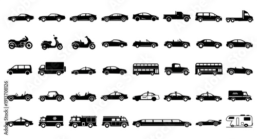 Collection of various vehicle silhouettes in black and white.