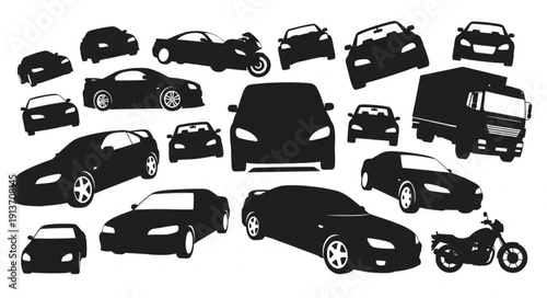 Collection of various vehicle silhouettes including cars trucks and motorcycles.