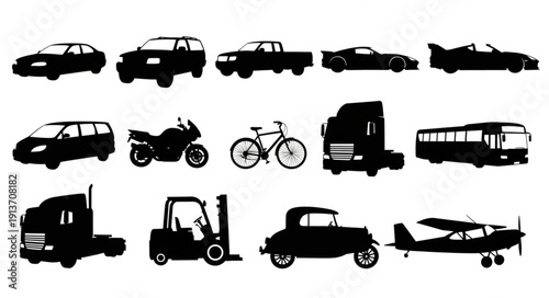 Collection of various vehicle silhouettes isolated on white background.