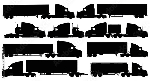 Collection of various truck silhouettes, including semi-trucks, tractor-trailers, and tank trucks.