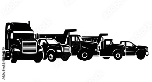 Collection of various trucks and vehicles in silhouette.