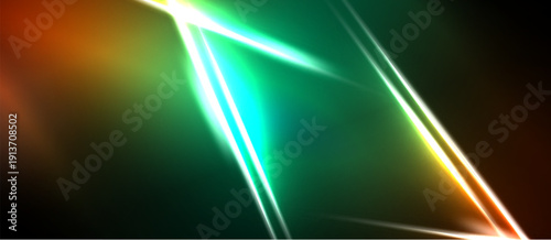 Abstract energy lines, vibrant colors blend. Green dominates, orange accents create dynamic visual impact. Brightness contrasts dark background.